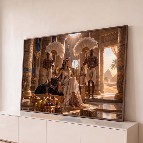 Cleópatra no trono dourado com pantera negra, leques de plumas, colunas com hieróglifos e pirâmides, quadro decorativo