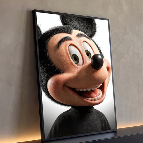 Rato de desenho animado em 3D hiper-realista sorrindo, pelo preto e fundo branco, quadro decorativo