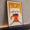 Quadro Decorativo Gato Branco Tomando Café em Fundo Laranja | quadros decorativos para sala | gato branco fofo segurando caneca laranja de café fumegante em fundo laranja | Porao dos Quadros