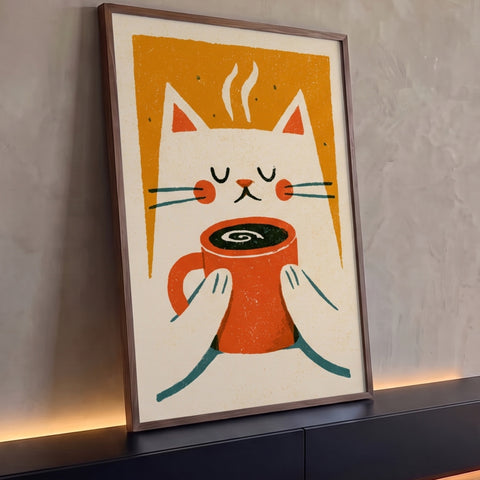 Quadro Decorativo Gato Branco Tomando Café em Fundo Laranja | quadros decorativos para sala | gato branco fofo segurando caneca laranja de café fumegante em fundo laranja | Porao dos Quadros