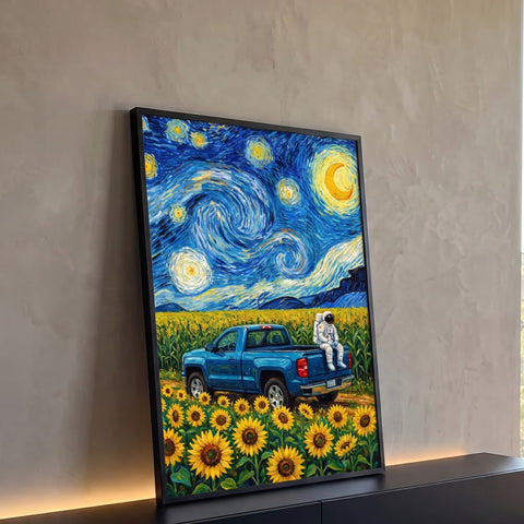 Astronauta sentado em picape azul entre girassóis sob céu estilo Noite Estrelada, quadro decorativo