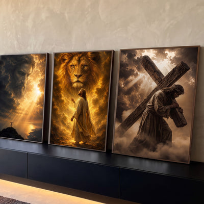Quadro Decorativo Kit 3 Telas Jesus Cristo Leão para Sala