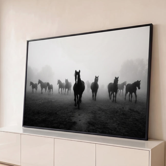 Cavalo negro à frente de uma manada no campo com névoa, em fotografia preto e branco, quadro decorativo