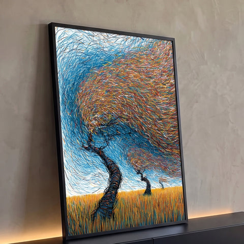 Quadro Decorativo Árvores ao Vento em Traços Coloridos | quadros decorativos para sala | árvores estilizadas com copas de traços coloridos ao vento sobre campo dourado | Porao dos Quadros