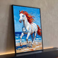 Quadro Decorativo Grande Cavalo Branco para Sala Azul | quadros decorativos para sala | cavalo branco com crina vermelha e laranja galopando na praia sob céu azul | Porao dos Quadros