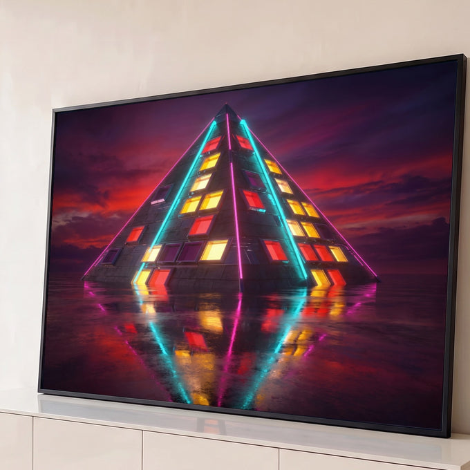 Pirâmide com neon ciano e rosa e janelas coloridas refletida na água sob céu roxo, quadro decorativo