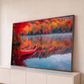 Quadro Decorativo Grande Canoa Vermelha Vermelho para Sala | quadros decorativos para sala | canoa vermelha vazia sobre lago calmo com reflexo de árvores de outono coloridas | Porao dos Quadros