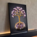 Quadro Decorativo Grande Árvore da Vida para Sala Roxo | quadros decorativos para sala | árvore de fio dourado com folhas de ametista e quartzo rosa sobre cristal bruto | Porao dos Quadros