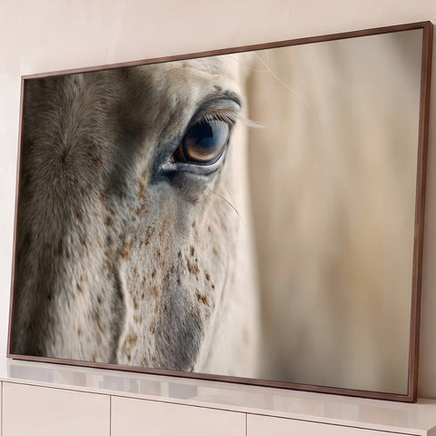 Close-up fotográfico do olho de um cavalo tordilho com pelagem pintada e cílios longos, quadro decorativo