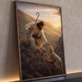 Quadro Decorativo Grande Jesus Bom Pastor Dourado para Sala | quadros decorativos para sala | Jesus com cajado estendendo a mão para uma ovelha em montanha ao pôr do sol | Porao dos Quadros