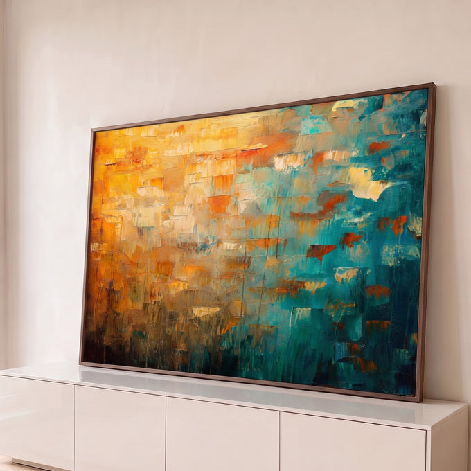 Quadro Decorativo Grande Abstrato e Azul para Sala Dourado | quadros decorativos para sala | pintura abstrata texturizada com metade dourada e metade azul petróleo | Porao dos Quadros