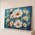 Quadro Decorativo Grande Margaridas Brancas para Sala Azul | quadros decorativos para sala | margaridas brancas texturizadas com centro dourado sobre fundo azul turquesa | Porao dos Quadros