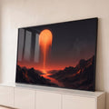 Sol laranja derretendo sobre montanhas negras com lava e rio refletido, quadro decorativo