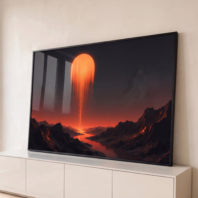 Sol laranja derretendo sobre montanhas negras com lava e rio refletido, quadro decorativo