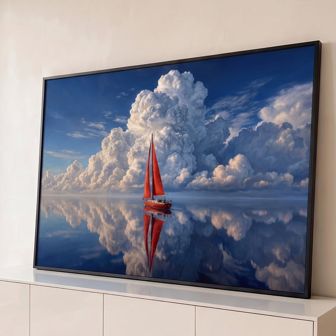 Veleiro de velas vermelhas em mar espelhado refletindo nuvens gigantes sob céu azul, quadro decorativo