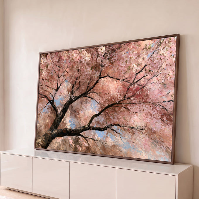 Quadro Decorativo Cerejeira em Flor Rosa Estilo Pintura | quadros decorativos para sala | cerejeira em flor rosa vista de baixo com pinceladas de tinta a óleo | Porao dos Quadros