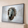 Quadro Decorativo Grande Cabeça de Cavalo para Sala Azul | quadros decorativos para sala | cabeça de cavalo em metal azul e dourado emergindo de parede rachada em efeito 3D | Porao dos Quadros