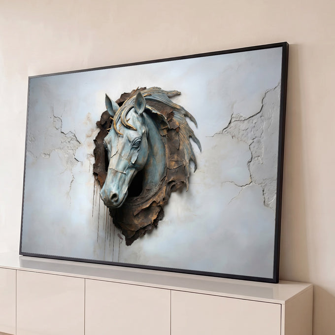 Quadro Decorativo Grande Cabeça de Cavalo para Sala Azul | quadros decorativos para sala | cabeça de cavalo em metal azul e dourado emergindo de parede rachada em efeito 3D | Porao dos Quadros