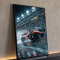 Quadro Decorativo Grande Carro de Corrida para Sala Vermelho | quadros decorativos para sala | carro de corrida vermelho em alta velocidade jogando água na pista à noite | Porao dos Quadros