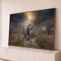 Elefante adulto e filhote caminhando em trilha na savana sob céu escuro de tempestade, quadro decorativo