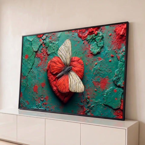 Borboleta pousada em coração vermelho rachado sobre fundo verde texturizado, quadro decorativo