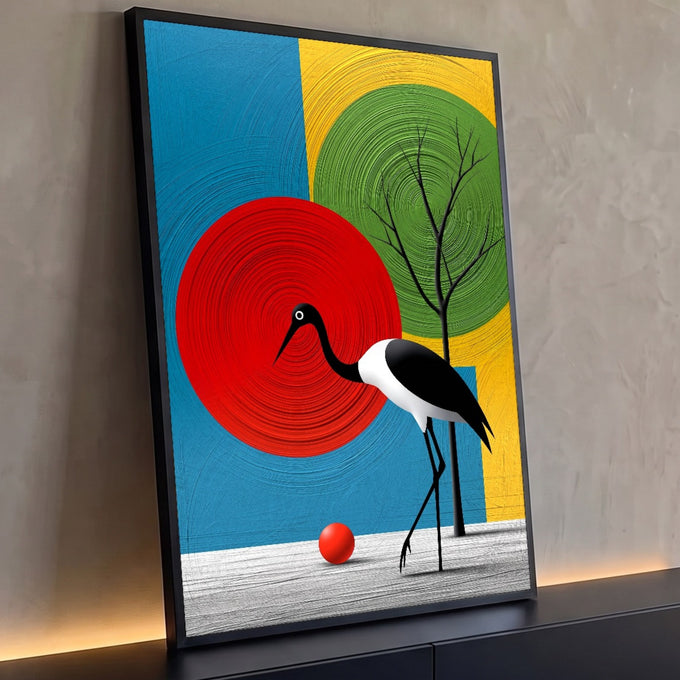 Quadro Decorativo Grande Ave Preta para Sala Vermelho | quadros decorativos para sala | ave preta e branca diante de círculos coloridos vermelho, verde e amarelo com árvore seca | Porao dos Quadros