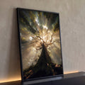 Quadro Decorativo Grande Árvore com Raios de Sol para Sala | quadros decorativos para sala | tronco de árvore visto de baixo com raios de sol dourados atravessando a copa | Porao dos Quadros