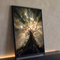 Quadro Decorativo Grande Árvore com Raios de Sol para Sala - Borda Infinita / 100x65cm