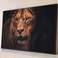 Quadro Decorativo Grande Leoa Olhar Verde para Sala Marrom - Borda Infinita / 65x100cm
