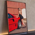 Mulher loira de vestido preto e salto alto encostada em carro esportivo vermelho, quadro decorativo