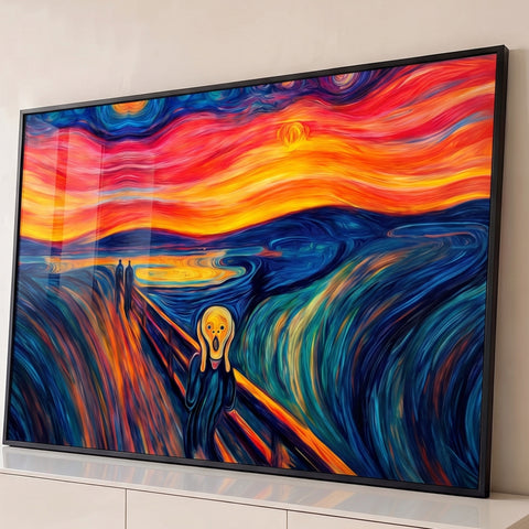 Releitura de O Grito de Munch com céu laranja em espiral e pinceladas azuis sobre a ponte, quadro decorativo