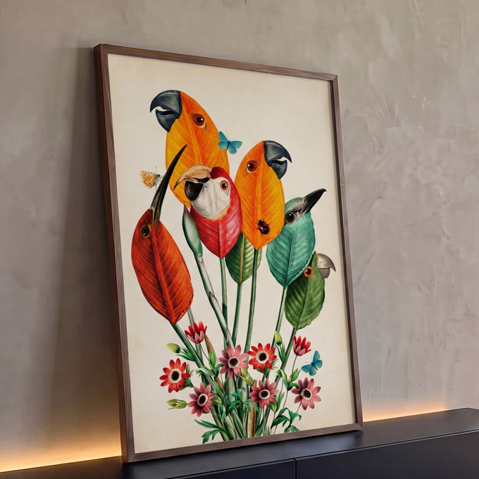 Araras e pássaros surreais feitos de folhas coloridas com flores e borboletas, quadro decorativo