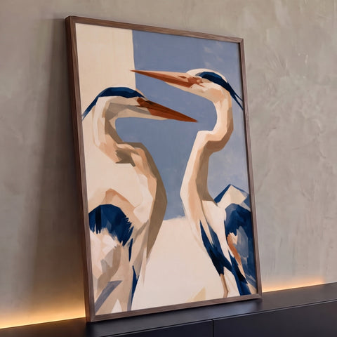 Duas garças frente a frente em pinceladas geométricas bege, azul e terracota, quadro decorativo