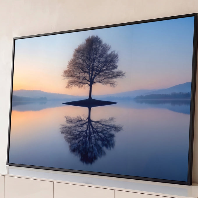Quadro Decorativo Grande Árvore Solitária Azul para Sala | quadros decorativos para sala | árvore solitária sem folhas refletida simetricamente em lago calmo ao entardecer | Porao dos Quadros