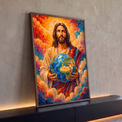 Quadro Decorativo Grande Jesus Mosaico para Sala Laranja