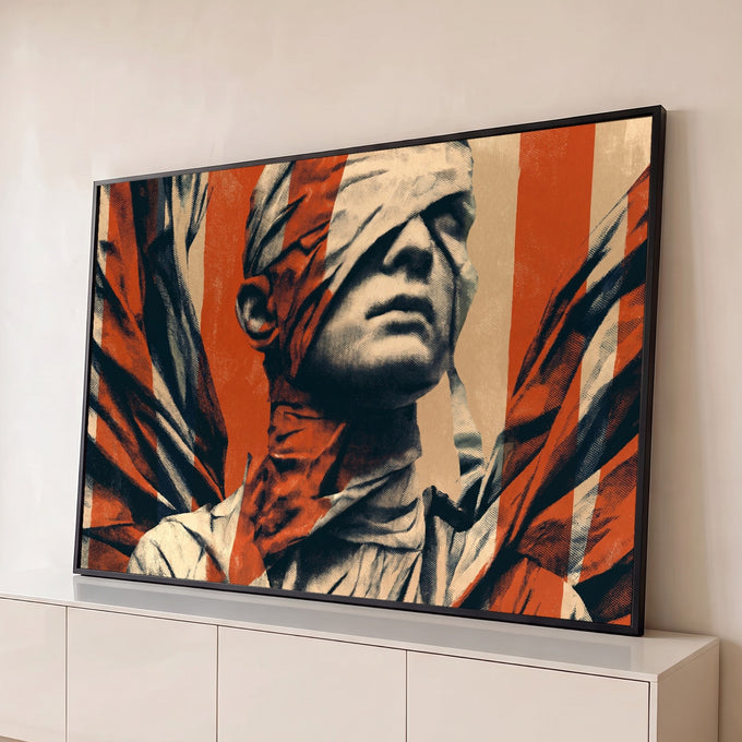 Rosto masculino vendado em meio-tom com faixas vermelhas e tecido esvoaçante, arte urbana quadro decorativo