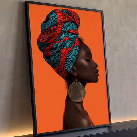 Quadro Decorativo Mulher Africana de Turbante Estampado | quadros decorativos para sala | mulher negra de perfil com turbante estampado vermelho e azul sobre fundo laranja | Porao dos Quadros