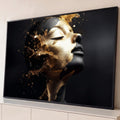 Quadro Decorativo Grande Rosto Dourado para Sala | quadros decorativos para sala | rosto feminino de perfil em preto coberto por respingos de tinta dourada | Porao dos Quadros