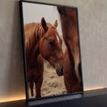 Cavalo alazão de juba loira e estrela branca na testa em fotografia de tons terrosos, quadro decorativo