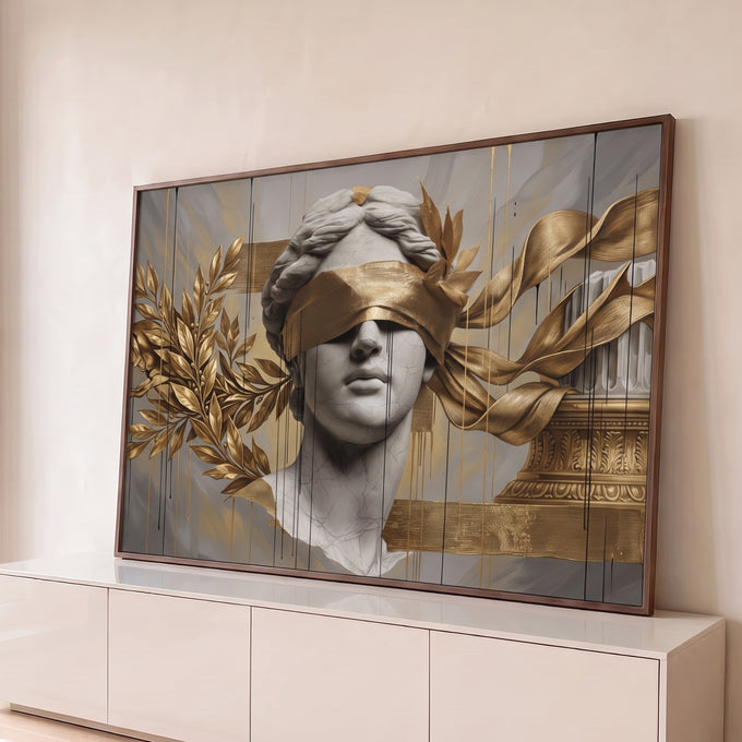 Busto grego de mármore com venda dourada, folhas de louro e coluna clássica em fundo cinza, quadro decorativo