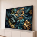 Folhas de costela de adão e palmeiras em azul petróleo e dourado sobre fundo escuro, quadro decorativo