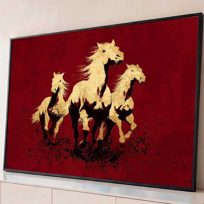 Quadro Decorativo Grande Três Cavalos Vermelho para Sala | quadros decorativos para sala | três cavalos dourados correndo sobre fundo vermelho com respingos pretos | Porao dos Quadros