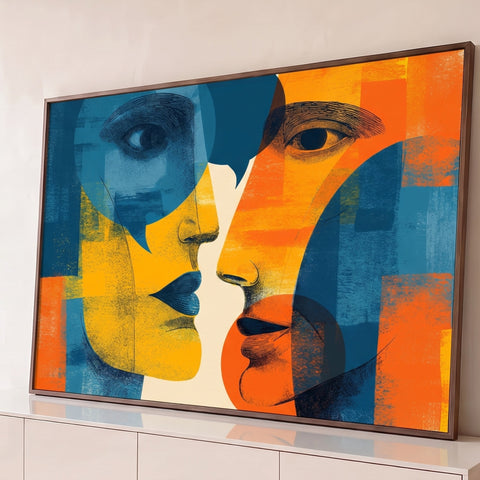 Dois rostos em perfil quase se beijando em blocos azul, amarelo e laranja, textura gravura, quadro decorativo