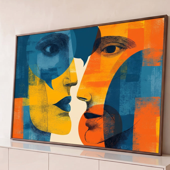 Quadro Decorativo Grande Dois Rostos para Sala Azul | quadros decorativos para sala | dois rostos em perfil em azul, amarelo e laranja estilo pop art gráfico | Porao dos Quadros