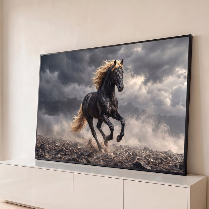 Cavalo negro de crina dourada galopando entre poeira e nuvens de tempestade, quadro decorativo