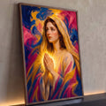 Quadro Decorativo Grande Nossa Senhora Luz Dourada para Sala | quadros decorativos para sala | mulher em oração com véu dourado e luz radiante sobre fundo abstrato colorido | Porao dos Quadros