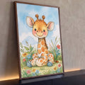 Girafinha sorridente em aquarela sentada na grama entre flores coloridas e céu azul, quadro decorativo