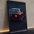 Supercarro vermelho visto de trás com lanternas acesas em asfalto escuro ao anoitecer, quadro decorativo