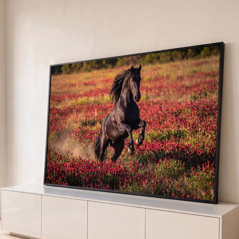Cavalo frísio negro empinado com crina ao vento em campo de trevos vermelhos, quadro decorativo