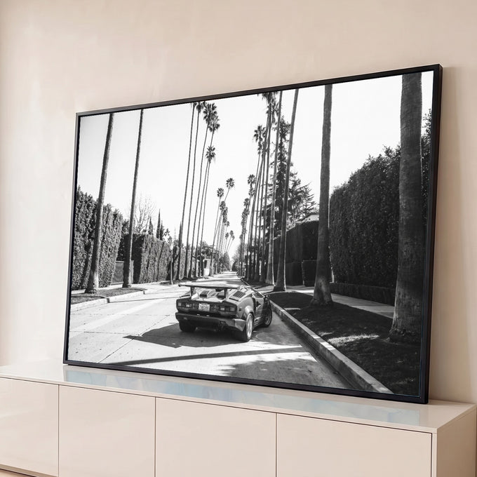 Carro esportivo clássico com aerofólio em rua de palmeiras altas, foto preto e branco, quadro decorativo